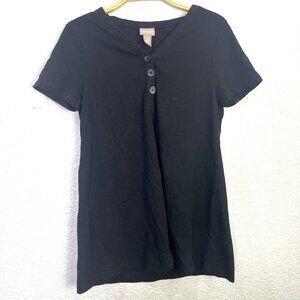 Chicos Fitted Tee‎ Womens Sz S Black Cotton Henley V Neck Short Sleeve Staple
